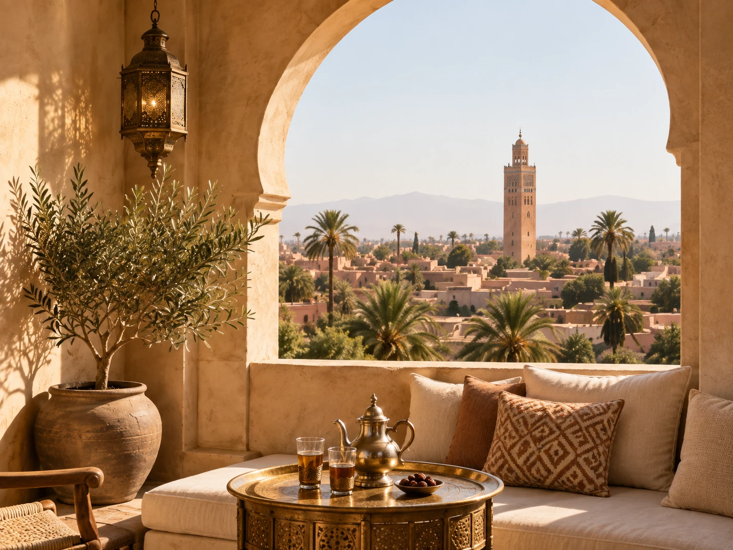 A peaceful Marrakech terrace framed by an arch, prepared for a private Moroccan journey