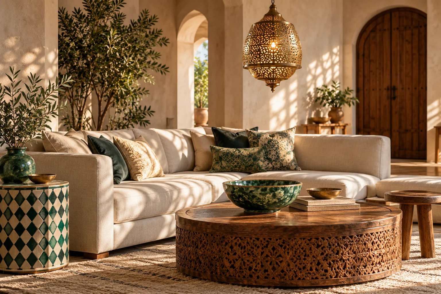 A relaxed Moroccan living room with a linen sofa, brass pendant, green bowl and mosaic side table