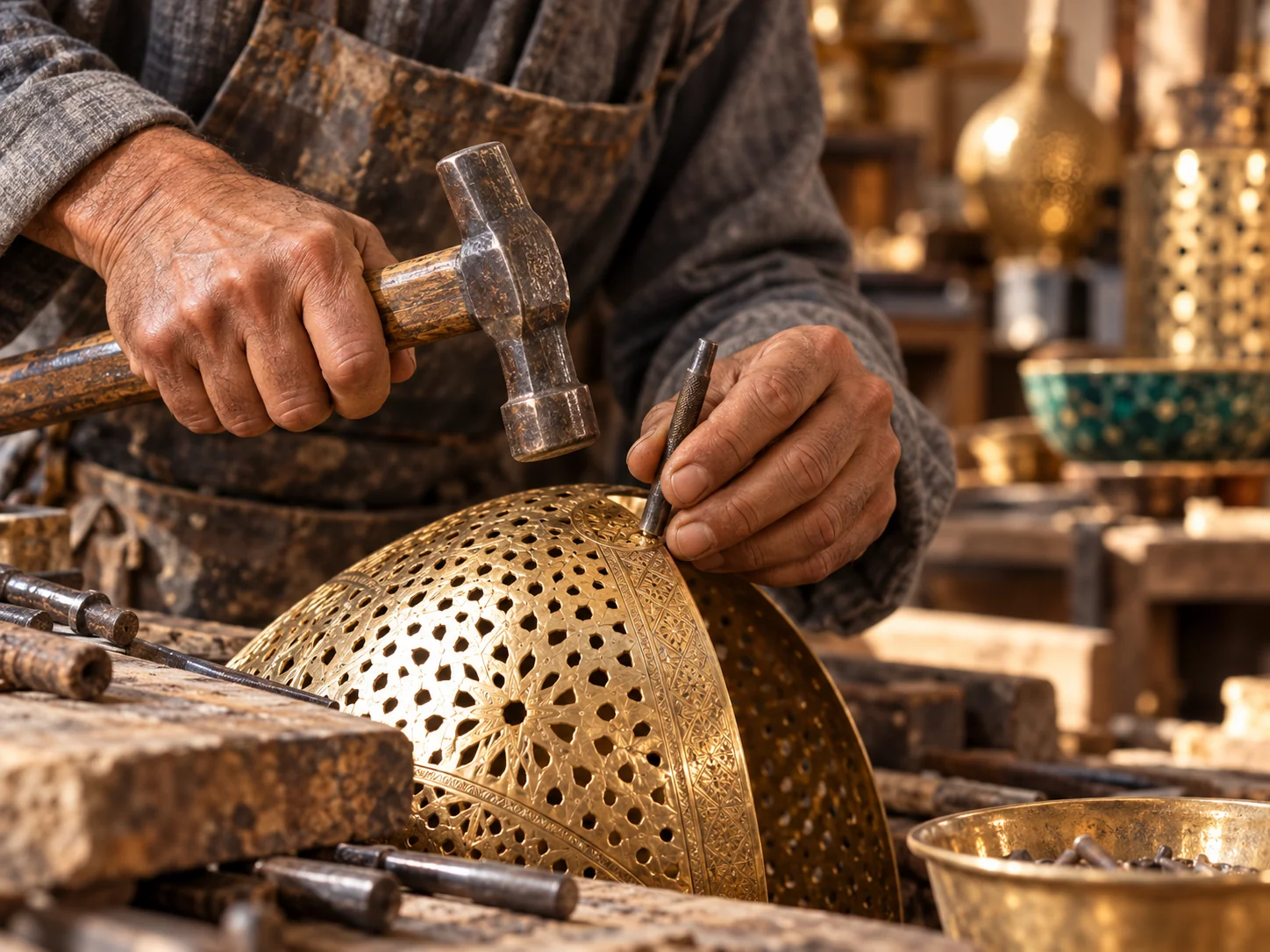 An artisan carefully shapes a pierced brass lamp by hand