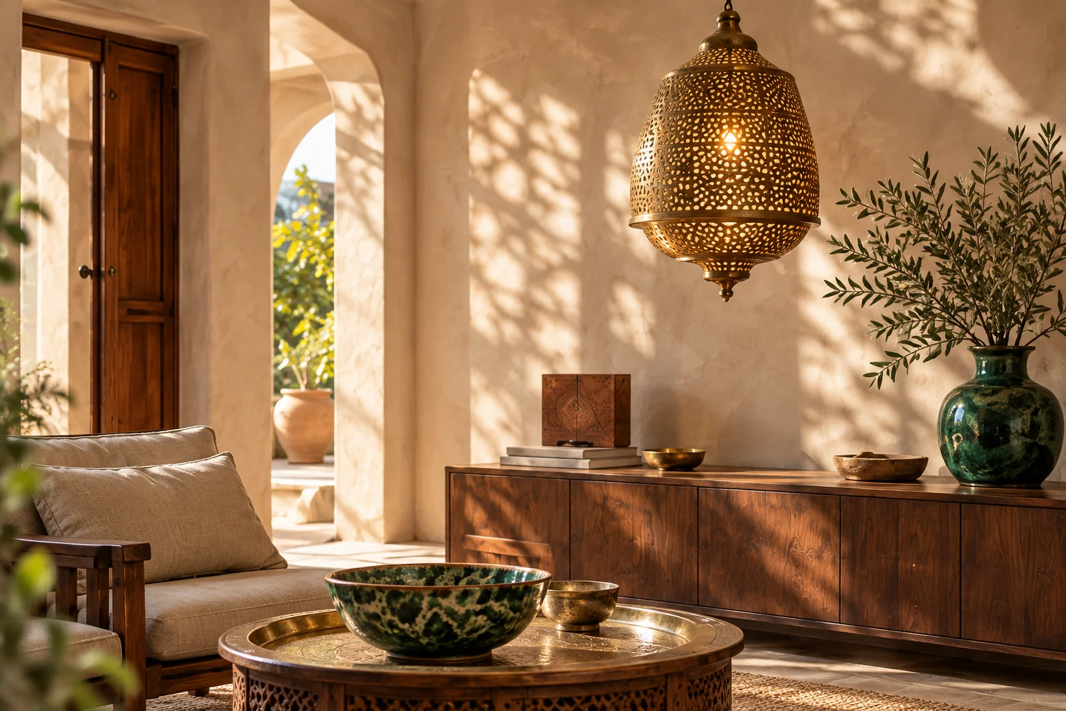Sunlight falls across a Moroccan interior with a brass pendant, walnut console and emerald ceramics
