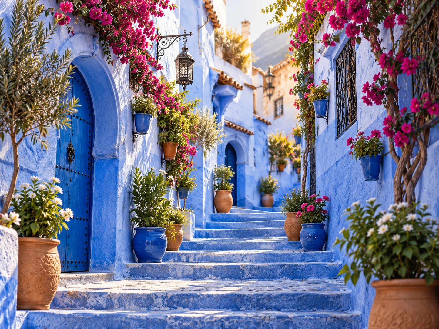 Blue steps and flower-filled street in Chefchaouen