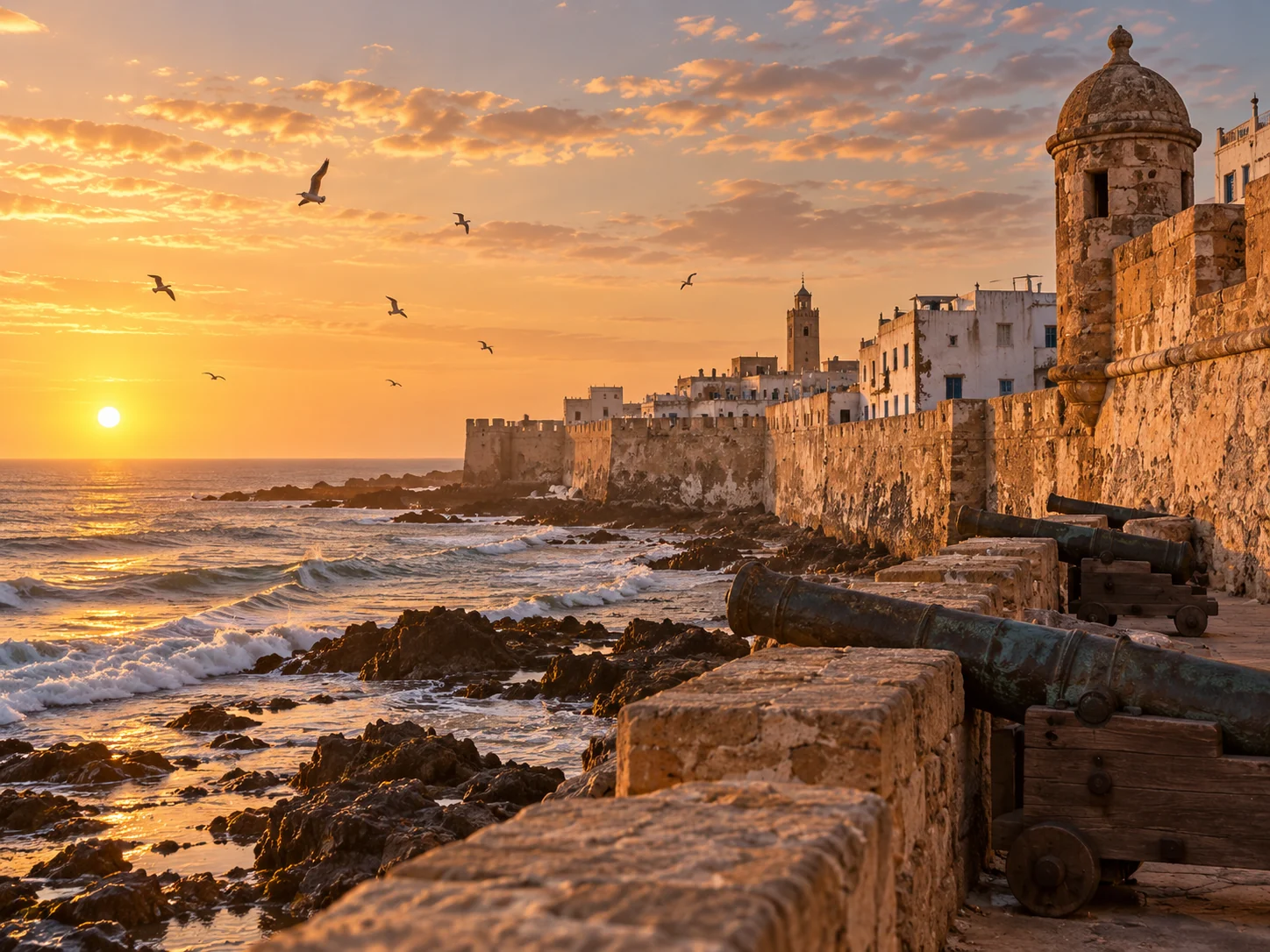 Essaouira ramparts beside the Atlantic at sunset