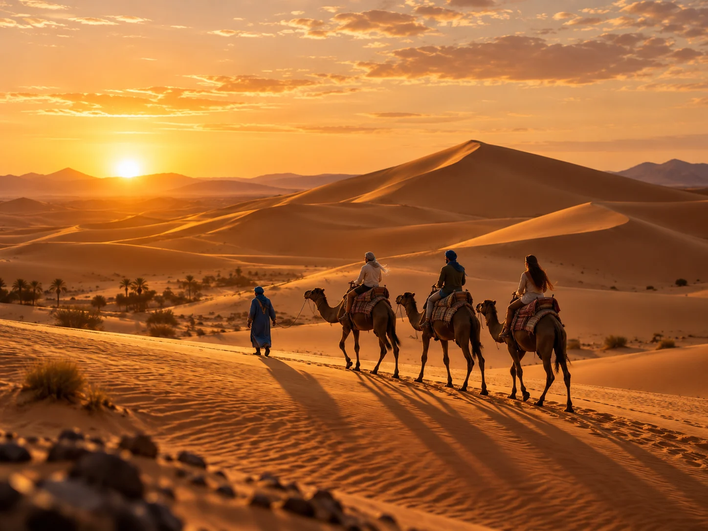 Camel caravan crossing the Sahara at sunset
