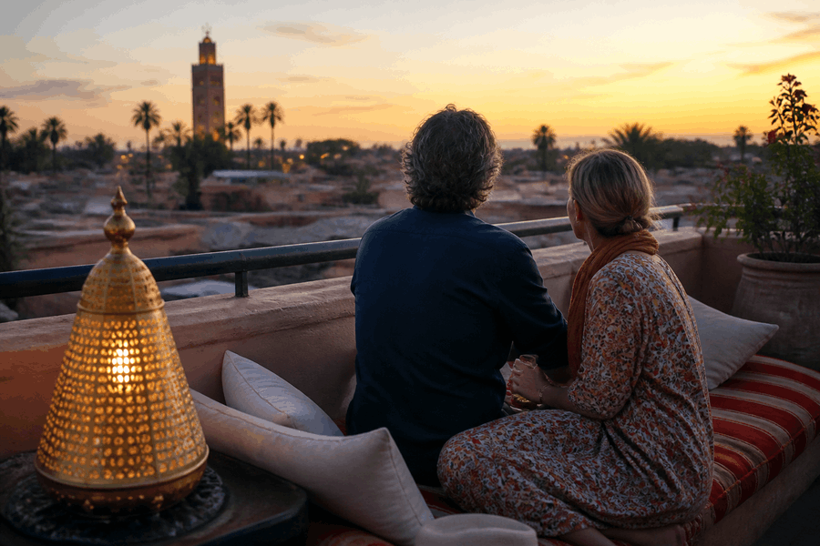 Lantern-lit Marrakech terrace at sunset