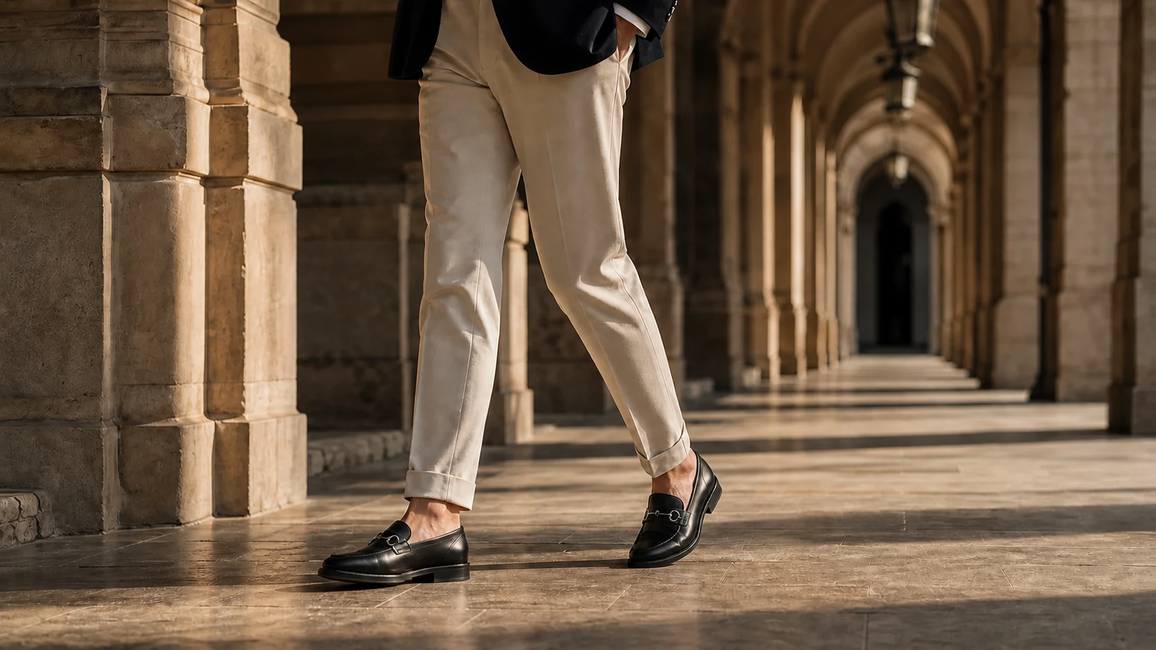 Homme marchant sous une arcade avec des mocassins Belzano